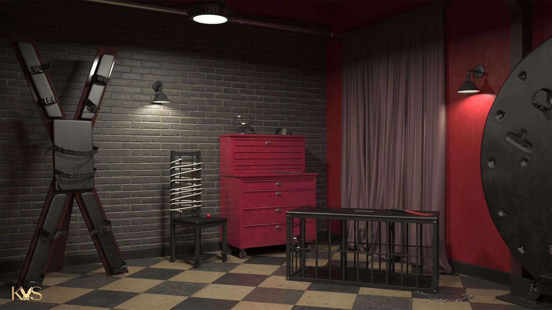 A well-lit BDSM dungeon room with specialist equipment laid out