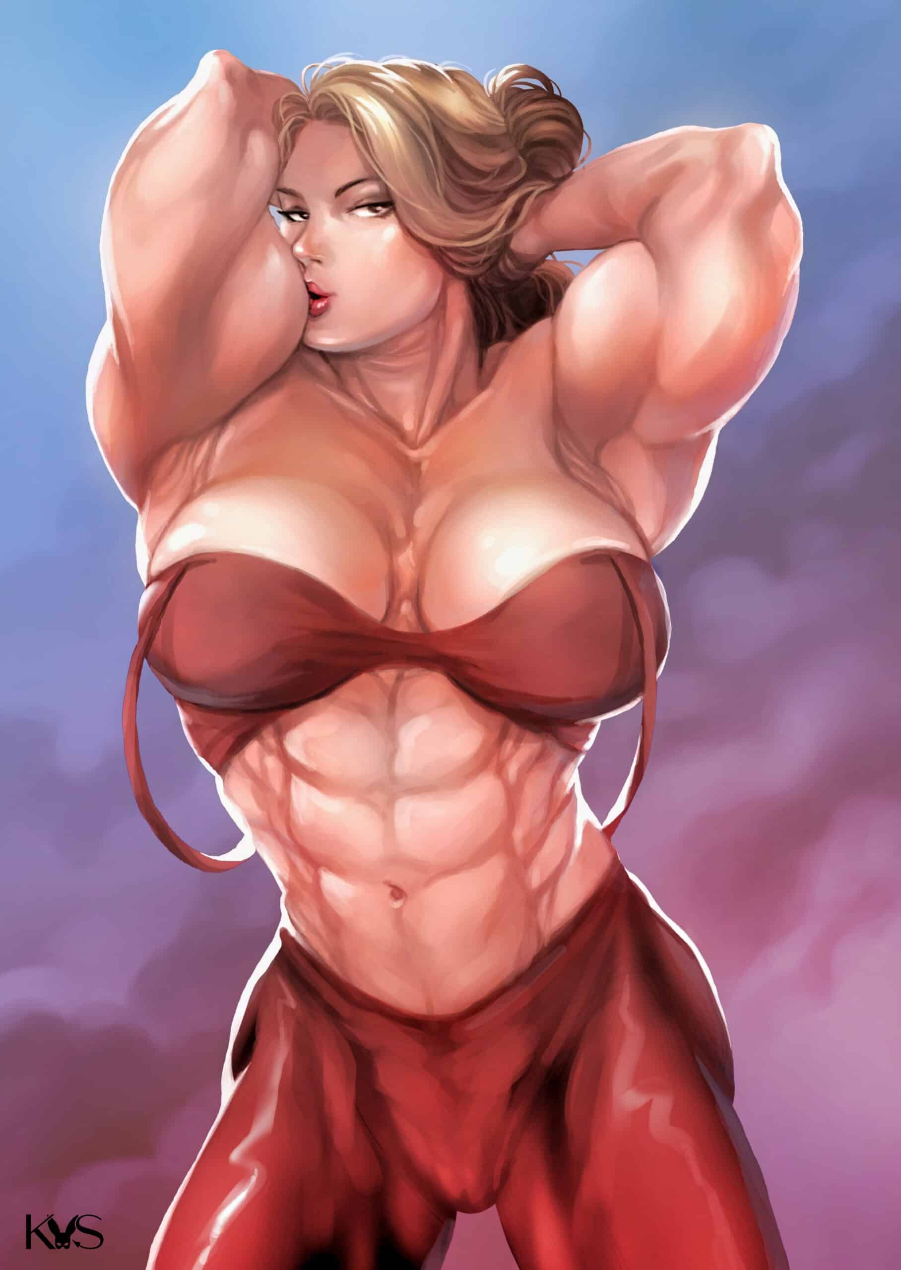A female bodybuilder in a competitive pose, muscles clearly defined