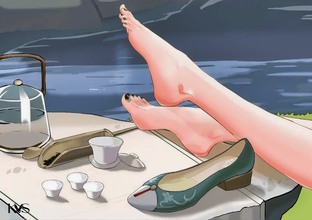 Feet resting on a table in high heels, illustrating shoe fetish