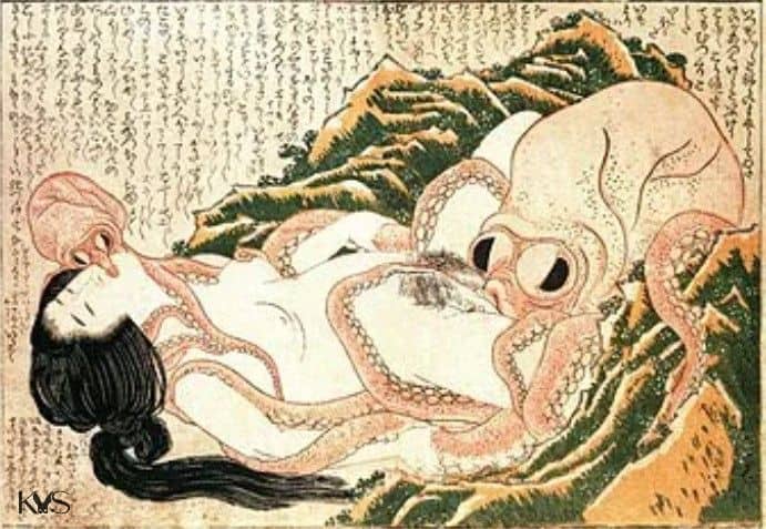 Fisherman's Wife style woodblock art referencing the 1814 Hokusai print origin of tentacle erotica