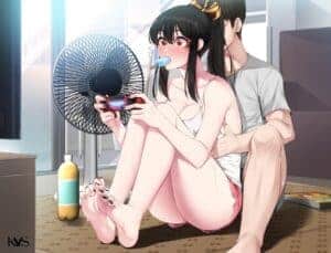 A hot girl sensually holds an ice cream in her mouth while a man embraces her from behind, showcasing ice play