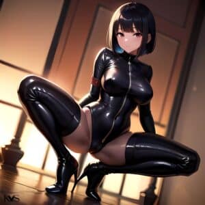 girl in latex and leather engaged in latex fetish