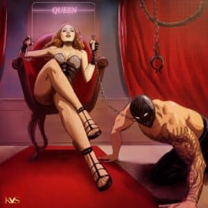 fem dom having her sub on a lace, him in leather mask