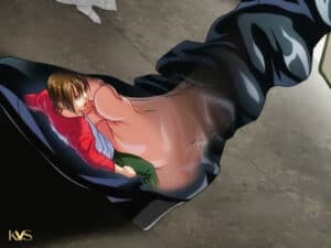 A fantasy of a tiny human trapped inside a woman’s shoe, moments before being crushed under her foot